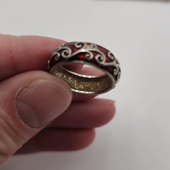 Size 7 Sterling Silver Red Enamel Floral Vine Style Ring A2614 - Picture 4 of 7